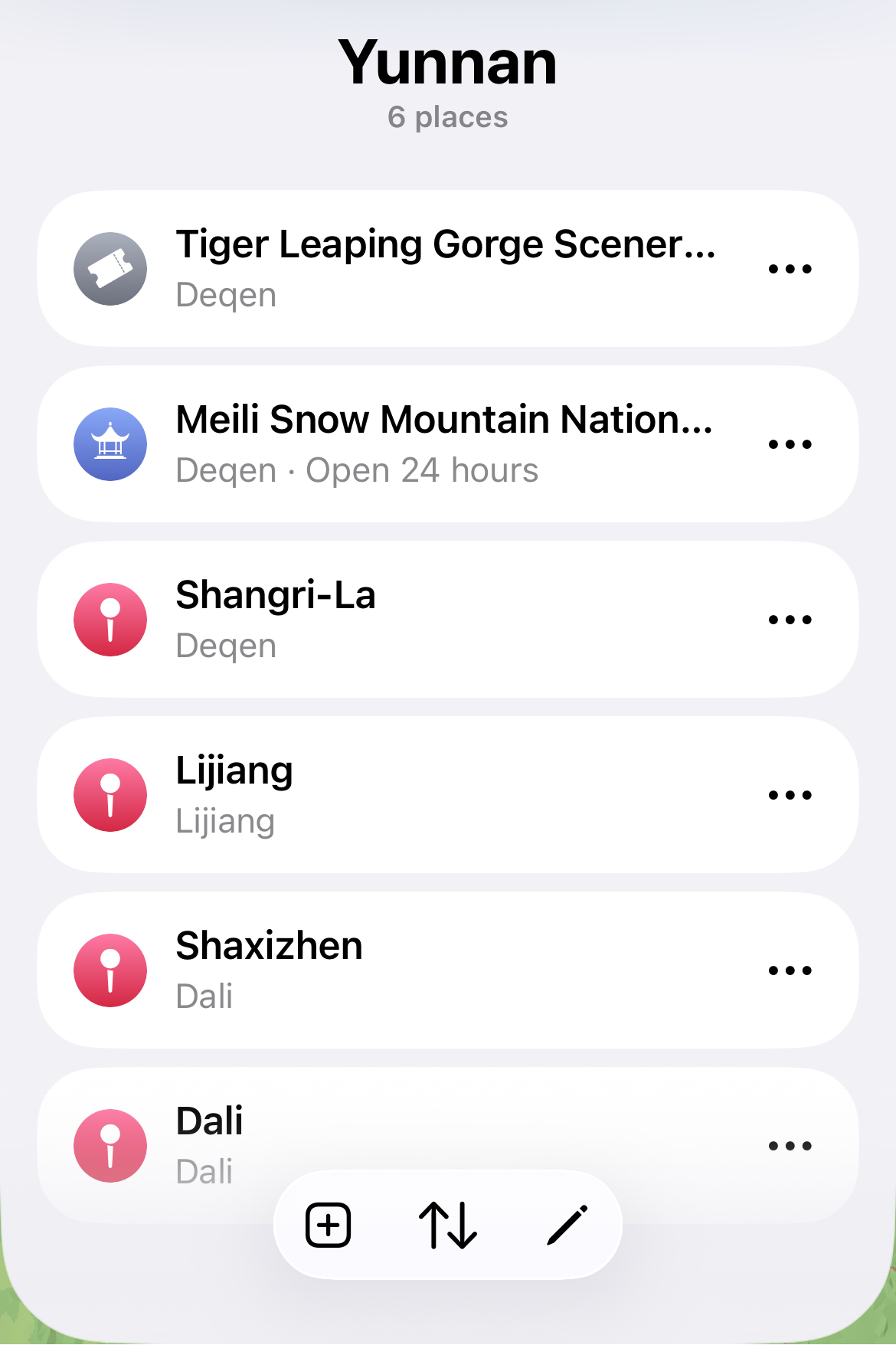 Apple Maps route preview for Yunnan trip